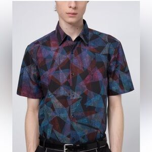 NEW HUGO BOSS SZ LG GEOMETRIC PATTERN BUTTON DOWN
